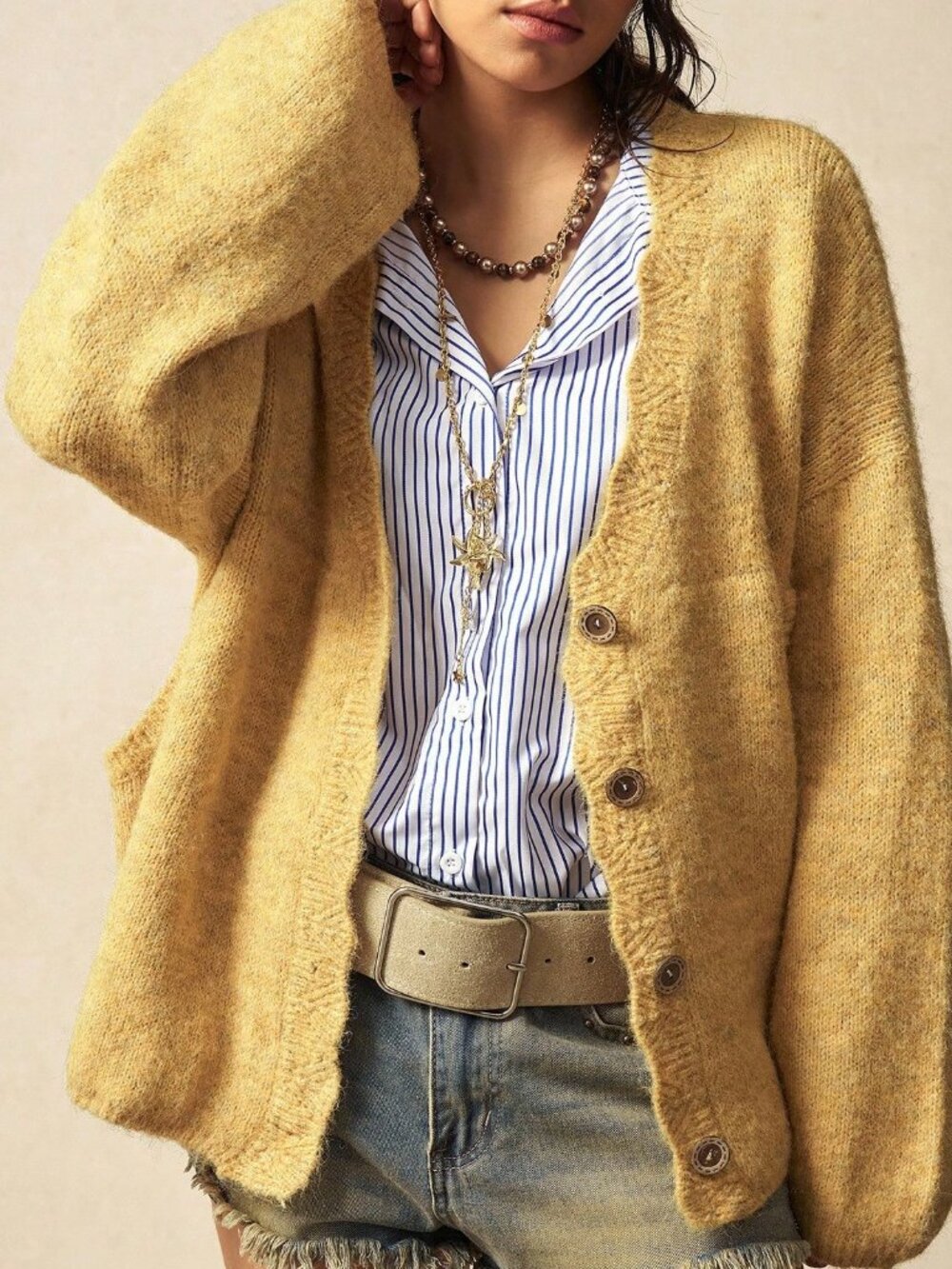 Apricot Boho Women's Oversize Long Sleeve Open Fuzzy Knit Cardigan - Picture 2 of 8